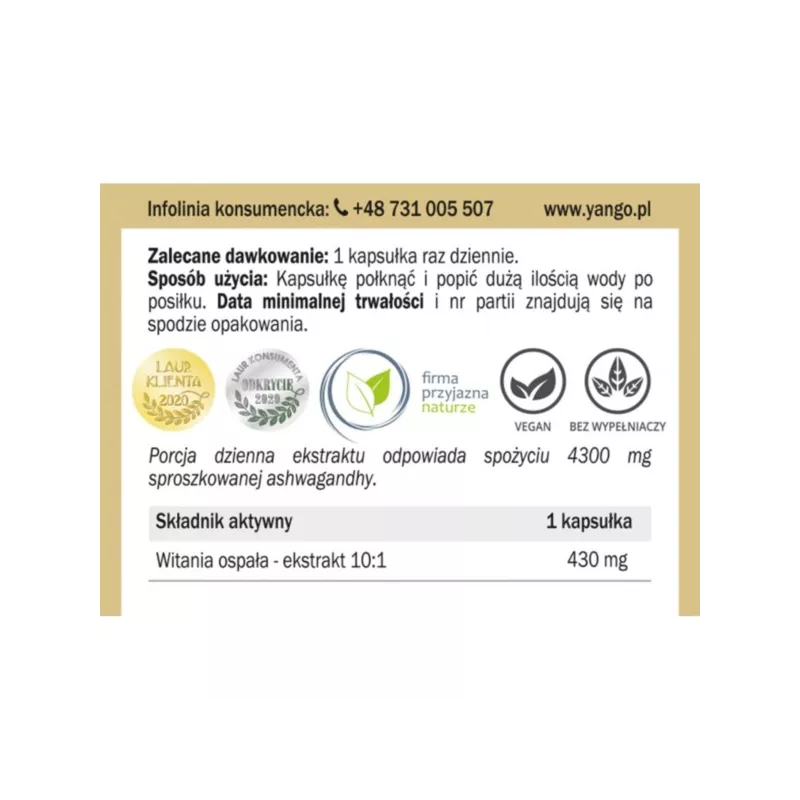 Yango Ashwagandha 90 K 430 Mg dodaje energii Yango Ashwagandha 90 K 430 Mg dodaje energii