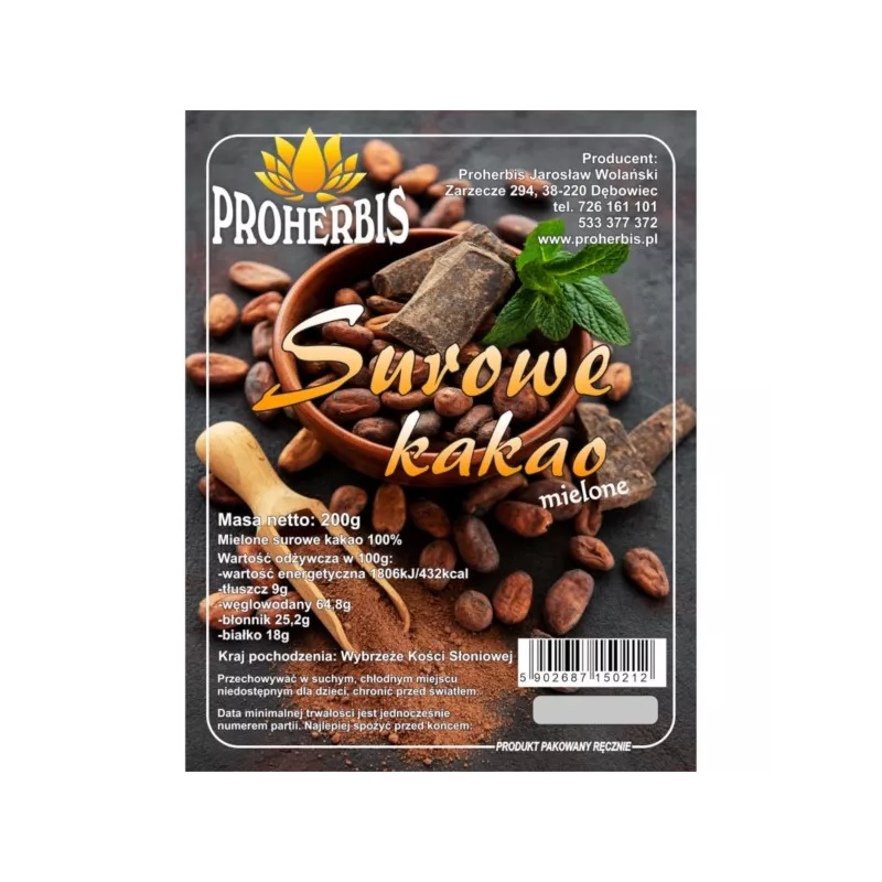 Proherbis Surowe kakao mielone 200 g Proherbis Surowe kakao mielone 200 g