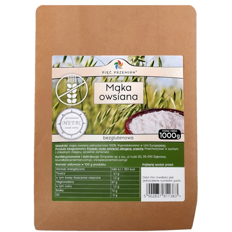 Pięć przemian Mąka Owsiana Bezglutenowa BIO 1000g Pięć przemian Mąka Owsiana Bezglutenowa BIO 1000g